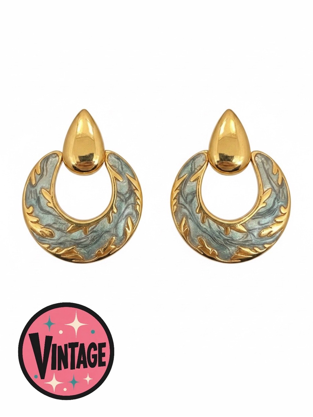Vintage 80s 90s Gold Tone Teal Marbled Enamel Door Knocker Post Earrings